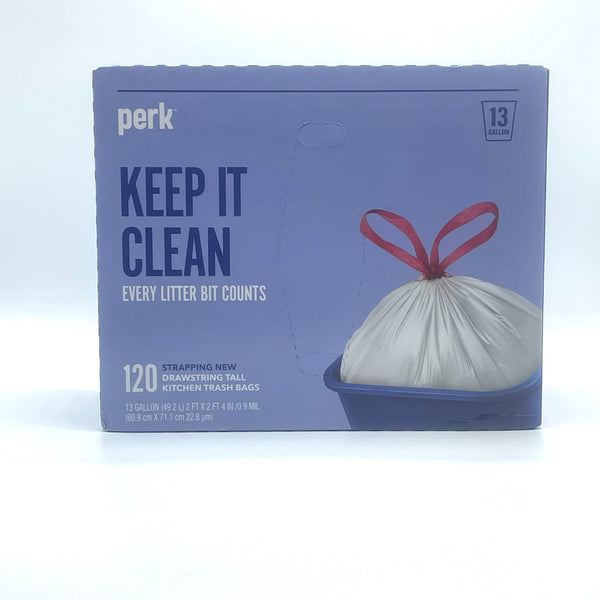 Perk Drawstring Tall Kitchen Trash Bags | 13 Gal | 0.9 Mil | 28 x 24 | White | 120/Box